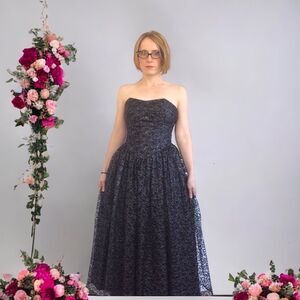 80s Black Gold Strapless Gown Formal Party Prom Dress XS